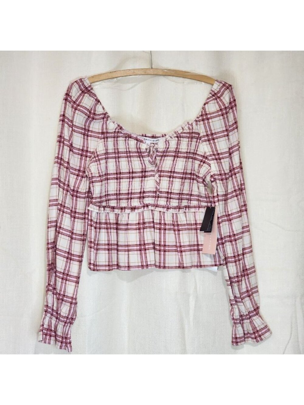 Celebrity Pink Women's Junior's Top Smocked Ruffled Long Sleeve Plaid XS NWT